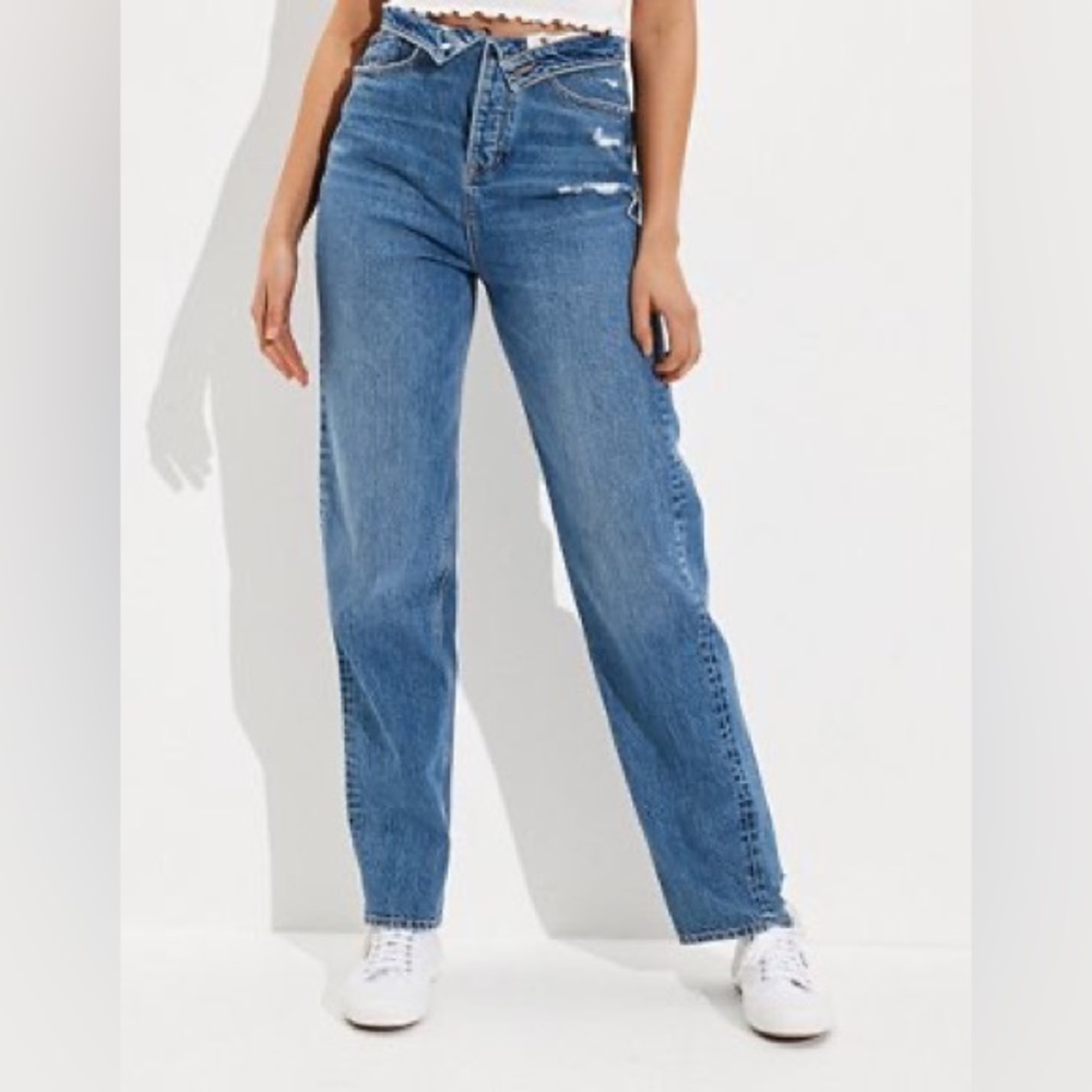 American Eagle High Rise Fold Over Button Fly Baggy Jeans Size 8